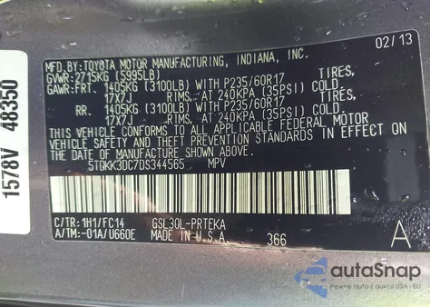 2013 Toyota Sienna Le V6 8 Passenger z USA, uszkodzony, nr VIN 5TDKK3DC7DS344565